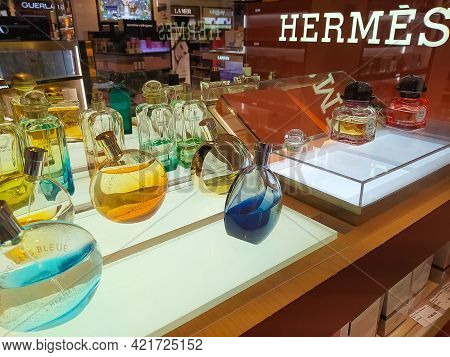 Antalya, Turkey - May 11, 2021: Shop Display Of Different Types Of Perfume Hermes