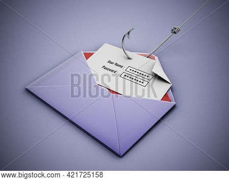 Fish Hook Stealing User Name And Password Text Areas On Paper Inside An Enveloppe. 3d Illustration.