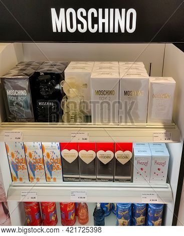 Antalya, Turkey - May 11, 2021: Shop Display Of Different Types Of Perfume Moschino