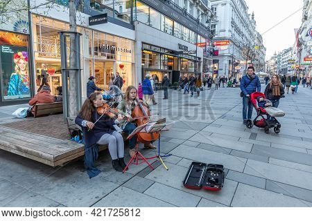 Vienna, Austria - 6 April 2015 - Female Street Musicians Perform For Passersby To Enjoy In Exchange 