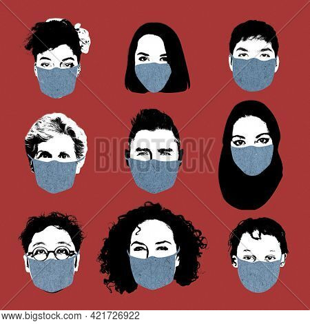 People wearing face masks during coronavirus pandemic mockup