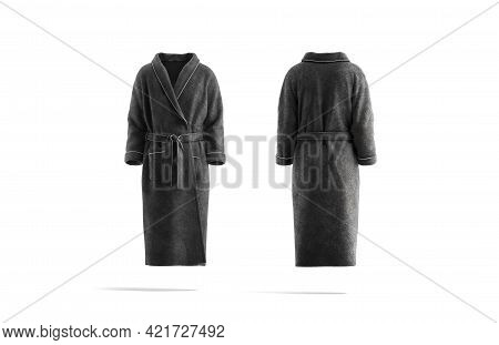 Blank Black Hotel Bathrobe Mockup, Front And Back View, 3d Rendering. Empty Plush Or Fleece Banian M