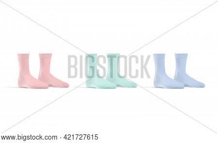 Blank Colored Long Sock Mockup Pair Stand, Half-turned View, 3d Rendering. Empty Pink, Green And Blu