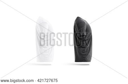 Blank Black And White Wrinkled T-shirt Mockup Set, Side View, 3d Rendering. Empty Undervest Jersey T