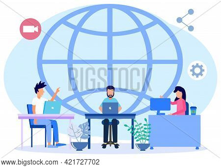 Vector Illustration Of Global Freelancing With Outsourcing Of Work Around The Concept Between Countr