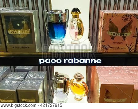 Antalya, Turkey - May 11, 2021: Shop Display Of Different Types Of Perfume Paco Rabanne