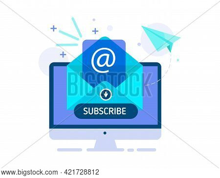 Subscribe To The Mailing List Banner. Subscribe Button On The Computer Screen. Open The Message With