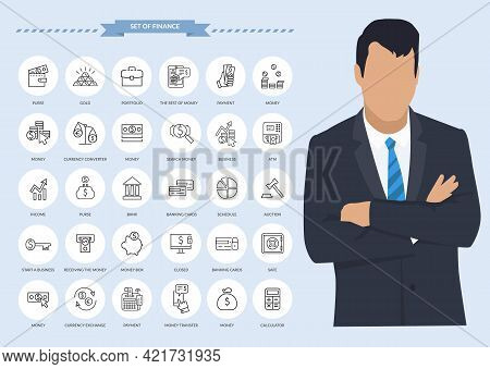 Finance Thin Line Icons. Businessman With Set Of Finance Contact And Payment Icons, Connection Metho