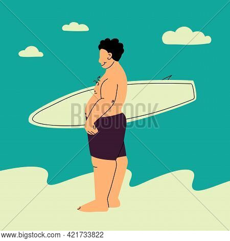 A Fat Man With A Surfboard Is On The Beach. Chubby And Happy Surfer. Vector Trending Flat Illustrati