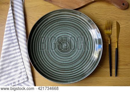 Plate On The Table. Empty Plate With Cutlery On The Table, Fork, Knife, Plate. Cutlery. Diet Concept