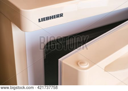 Tambov, Russian Federation - April 15, 2021 A New Liebherr Fridge With  Open Door.