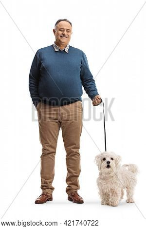 Full length portrait of a happy mature man holding a maltese poodle dog on a lead isolated on white background
