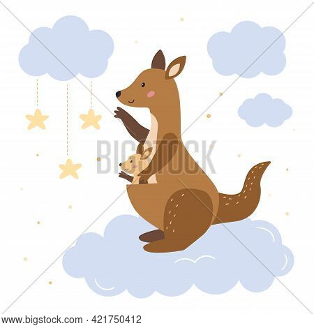 Mother Kangaroo With Her Baby Kangaroo On Clouds. Cute Cartoon Animals Character. Hand Drawn Doodle 