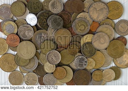 Background Pattern Of Coins. Close Up Finance Background. Econimics And Finance Theme.