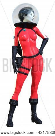 3d Rendering Of A Sceince Fiction Astronaut Woman In A Red Retro Space Suit Isolated On White Backgr