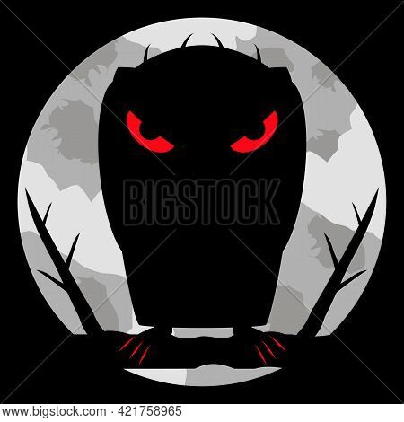 Monster Vampire With Scary Bloody Eyes And Sharp Claws On Night Background And Of A Large Pale Moon.