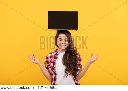 Happy Smart Teen Girl Meditating With Laptop On Head Presenting School Online Lesson, Estudy