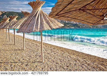 Idyllic Beach In Baska Sun Shades View, Island Of Krk, Croatia. Baska Is Famous Tourist Destination 