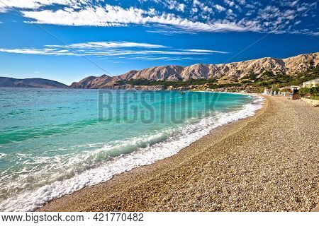 Baska. Idyllic Pebble Beach In Town Of Baska View, Island Of Krk In Kvarner Bay Of Croatia
