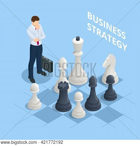 Concept Business Strategy. Isometric Businessmen Playing Chess Game Reaching To Plan Strategy For Su