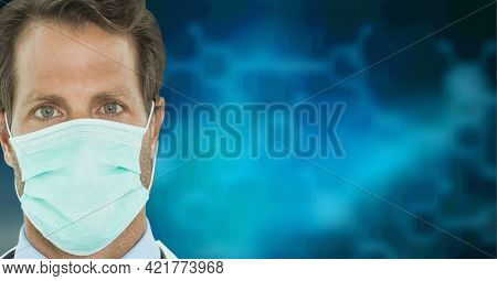 Portrait of caucasian male doctor wearing face mask against chemical structures on blue background. healthcare and medical research technology concept