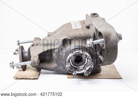 Gear Reducer Isolated On White. Gear Wheels Speed Reducer Cross Section. Auto Service Industry. Spar