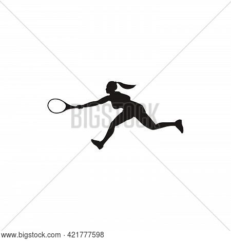 Sport Woman Run And Swing His Tennis Racket Horizontally To Reach The Ball Silhouette - Tennis Athle