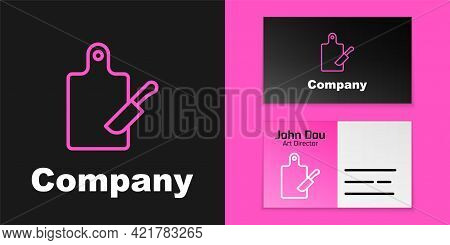 Pink Line Cutting Board And Knife Icon Isolated On Black Background. Chopping Board Symbol. Cutlery 