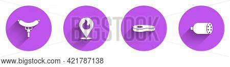 Set Sausage On The Fork, Location With Fire Flame, Steak Meat And Salami Sausage Icon With Long Shad