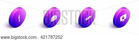 Set Isometric Barbecue Knife, Burger, Steak Meat And Location With Fire Flame Icon. Vector