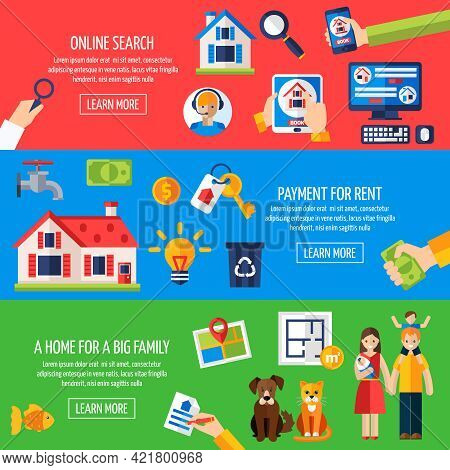 Rent And Tenancy Horizontal Banner Set With Online Property Search Flat Elements Isolated Vector Ill