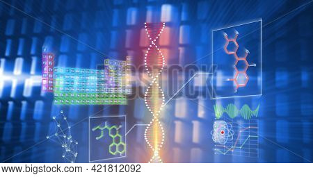 Composition of dna strand and scientific data processing on blue background. global science, technology and digital interface concept digitally generated image.