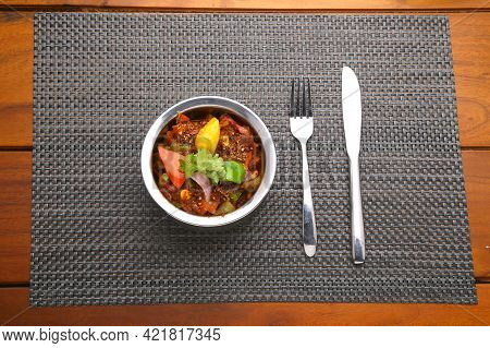 Indian Dish_veg Kolhapuri, North Indian Dish Arranged In A Steel Bowl Which Is Made Using Mixed Vege