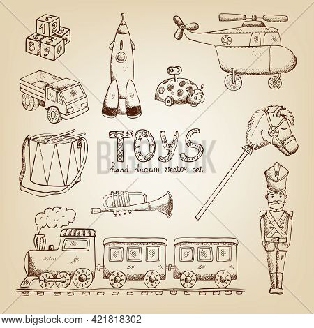 Vintage Hand Drawn Toys Set: Train Drum Soldier Trumpet