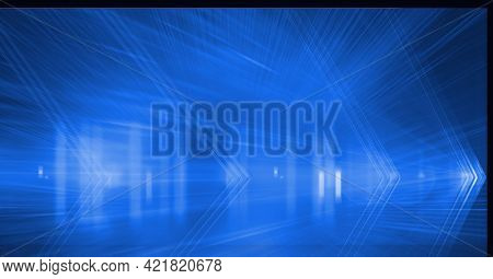 Composition of glowing blue light beams and chevrons over dark empty office space background. global communication technology, energy and digital interface concept, digitally generated image.