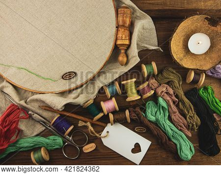 Embroidery Needlework Background Linen In Hoop Mockup. Colorful Floss Thread Scissors Card Tag. Hand