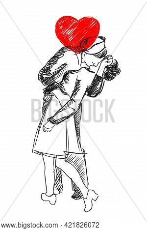 A Man Kisses A Woman Passionately, Digital Doodle Sketch In Black With Red Heart.
