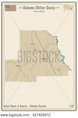 Map On An Old Playing Card Of Chilton County In Alabama, Usa.