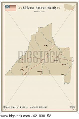 Map On An Old Playing Card Of Conecuh County In Alabama, Usa.