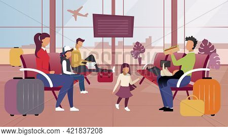 Tourists In Airport Flat Vector Illustration. Passengers In Waiting Room Expecting Departure, Boardi