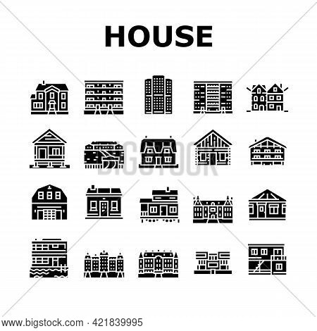 House Constructions Collection Icons Set Vector. Townhome House And Mobile Home, Villa And Palace Bu