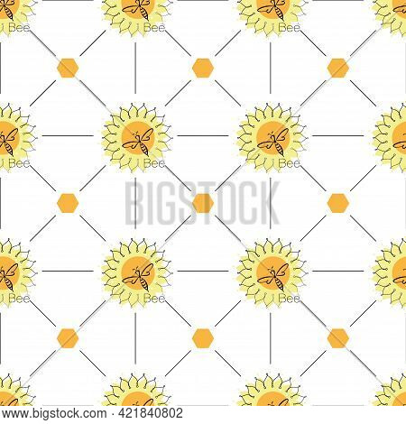 Honey Bee Background. Linear Sunflower, Honeycomb And Bee Swarm On A Seamless Pattern. Honey Bees.