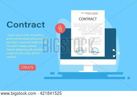 Electronic Contract Or Digital Signature Concept In Vector Illustration. Online E-contract Document 