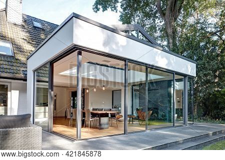Warsaw Poland - August 7, 2018: Modern Villa House Exterior In Garden