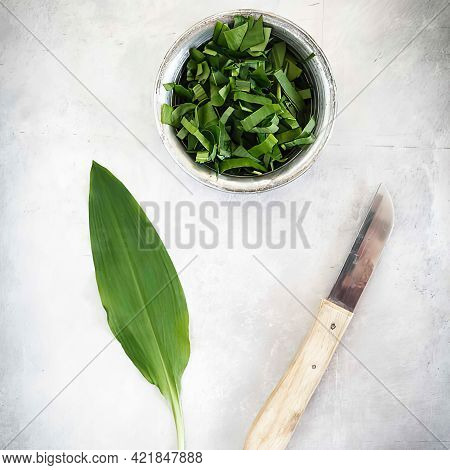 Ramson Leaf And Chopped Ramson On The Table, Top View