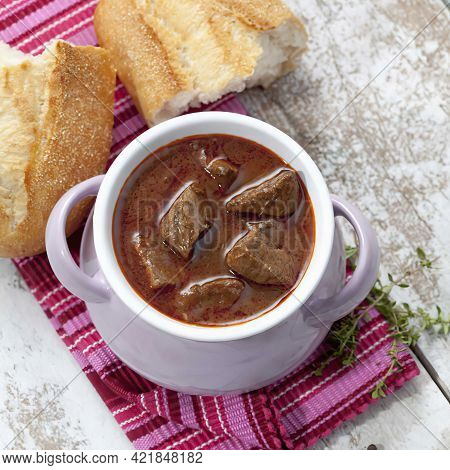 Oulash Soup With White Bread In Bowl, Close Up