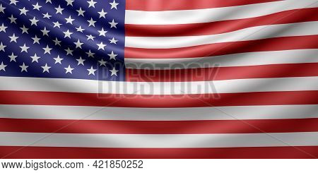Hanging Wavy National Flag Of Usa With Fabric Texture. 3d Render.