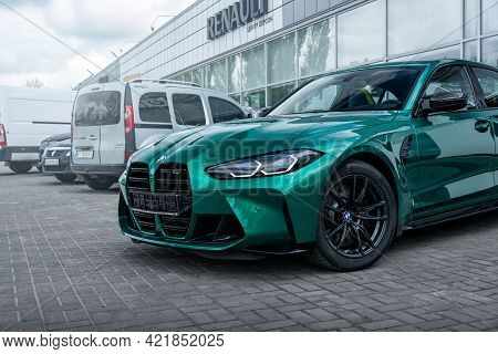 Brand New Bmw M3 G80 Competition In A Green Color. Kherson, Ukraine - May 2021.