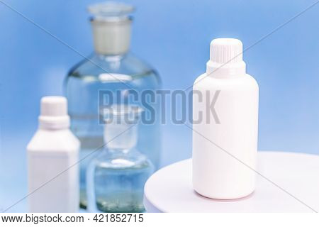Reagent Bottle With Glass Stopper, With Hydrogen Peroxide Inside. Chemical Element H2 O2 In Laborato