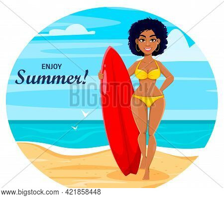 Hello Summer. Cute African American Surf Girl Cartoon Character Standing On The Beach. Stock Vector 
